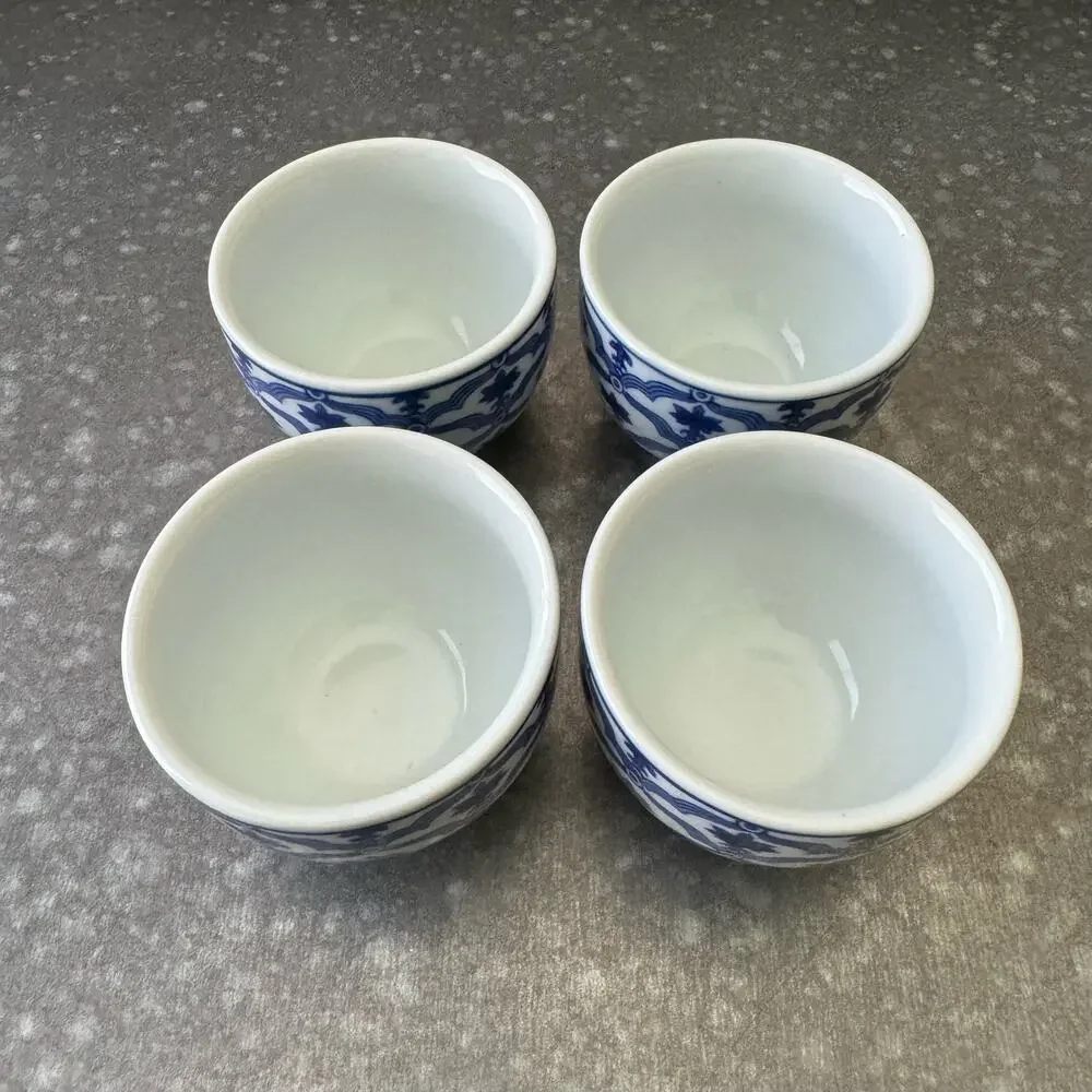 Vintage Bombay 4pc Set Small Porcelain Saki Sake Teacups Cobalt Blue White 6 oz